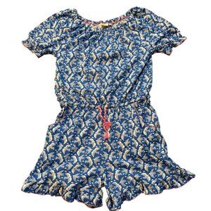 Boden Girls Blue Printed Romper With Elastic Waist & Ruffle Hem Short Sleeves Si